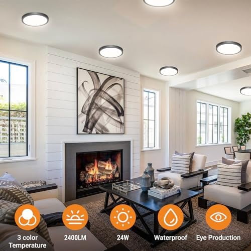 Ceiling Light, 3 Pc Led Flush Mount Ceiling Light Fixture, 9 Inch Light Fixture, 3-Color Round*, Kitchen Lighting Fixtures Ceiling, 9" Black 3Cct