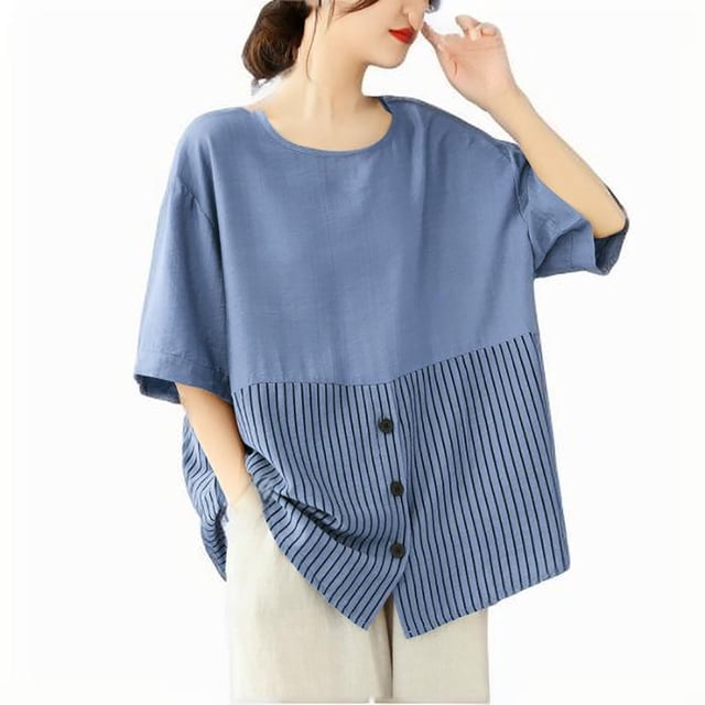 V Cuello Blusas para las Mujeres, de Moda Retro Bordado Cuello Redondo Cinco Cuartos de Manga para el Uso Casual