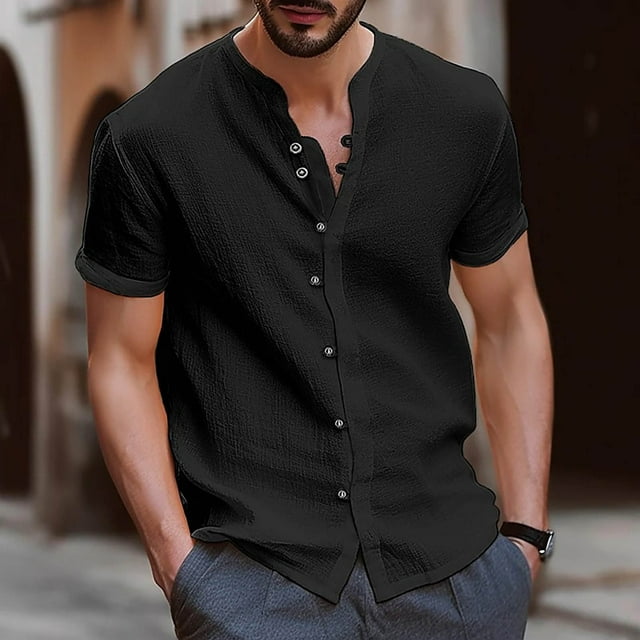 TIMIFIS Mens Short Sleeve Top Cotton Linen T Shirts Beach Solid Short Sleeve Shirts V-neck Button Closure Tops Blouse - Spring/Summer