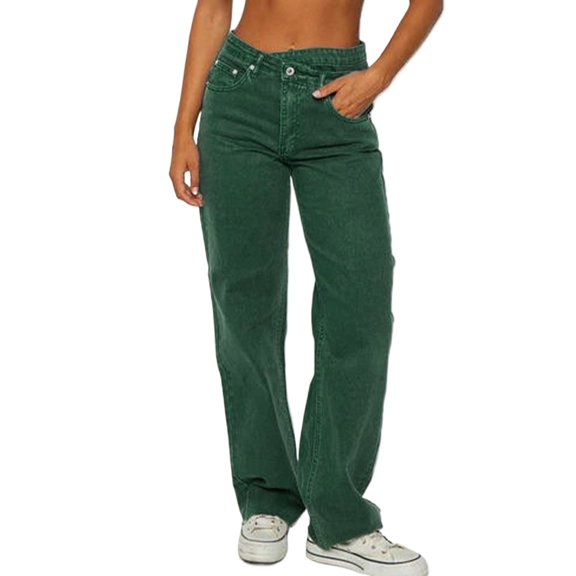 Women's Green Crossed Waist Denim Jeans – Raw Hem Straight Leg Shift Pants for Casual Wear, 18