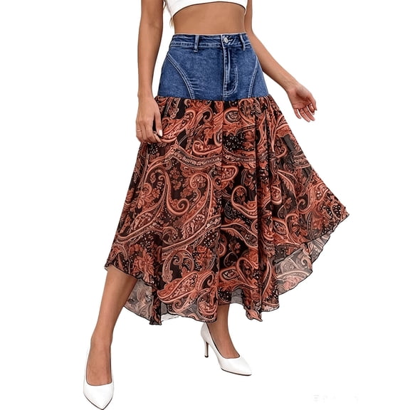 Jane Wardrobe Denim Chiffon Patchwork Paisley Print Midi Skirt Women High Waist Irregular Asymmetrical A Line Long Skirt 1PC S-XXL Plus Size Friendly