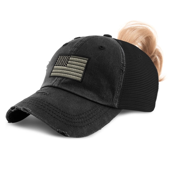 Speedy Pros Womens Ponytail Cap Black White American Flag Embroidery Cotton Messy Bun Distressed Trucker Hats Strap Closure Black Design Only