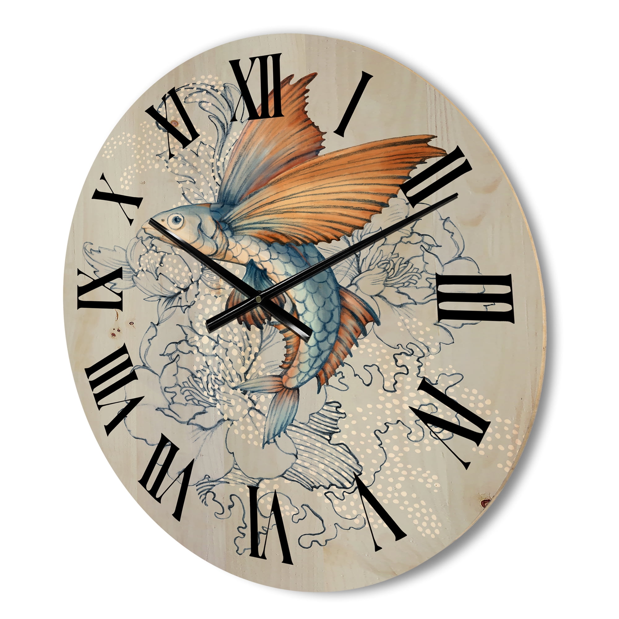 Designart 'Flying Fish and Peonies' Traditional Wood Wall Clock