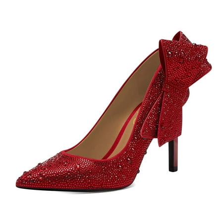 

XYD Women Sparkly Glitter Rhinestone Pointy Close Toe Pumps Slip On Stiletto Evening High Heel Side Bow Dress Shoes Size 9 Red