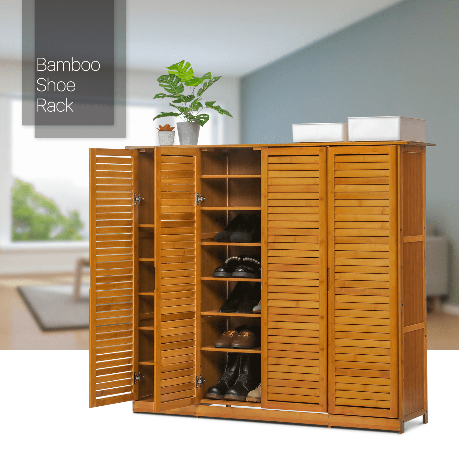 13 Tiers 1 Drawer 24 Pairs Free Standing Bamboo Shoe Rack Organizer Blinds with Door for Entryway MoNiBloom