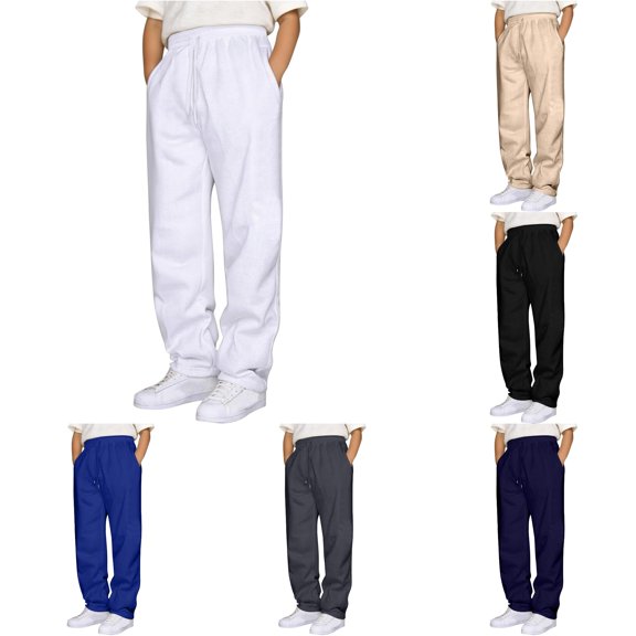 CUZIBR Boys Kids Casual Wide-Leg Sweatpants Solid Color Drawstring Summer Fall Pants With Pockets Youth Comfort Flexible Loose Fit Joggers Breathable School Uniform Sport Trousers,White,9-10 Years