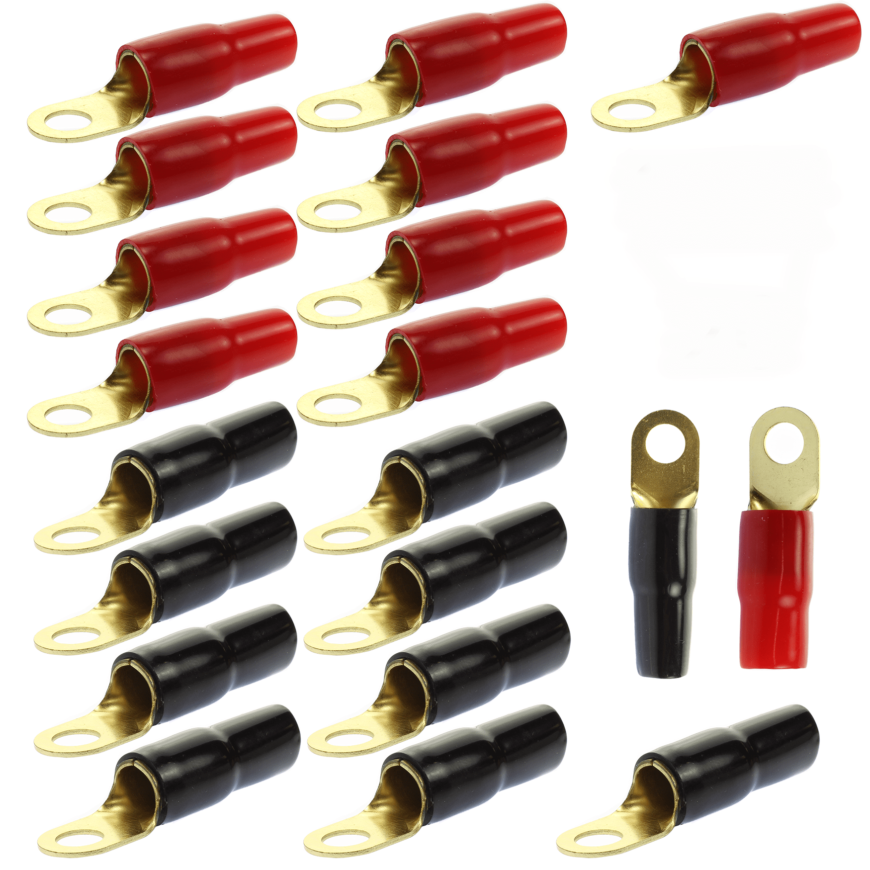 0 Gauge Gold Ring Terminal 20 Pack 1/0 AWG Wire Crimp Cable Red Black Boots 3/8" 