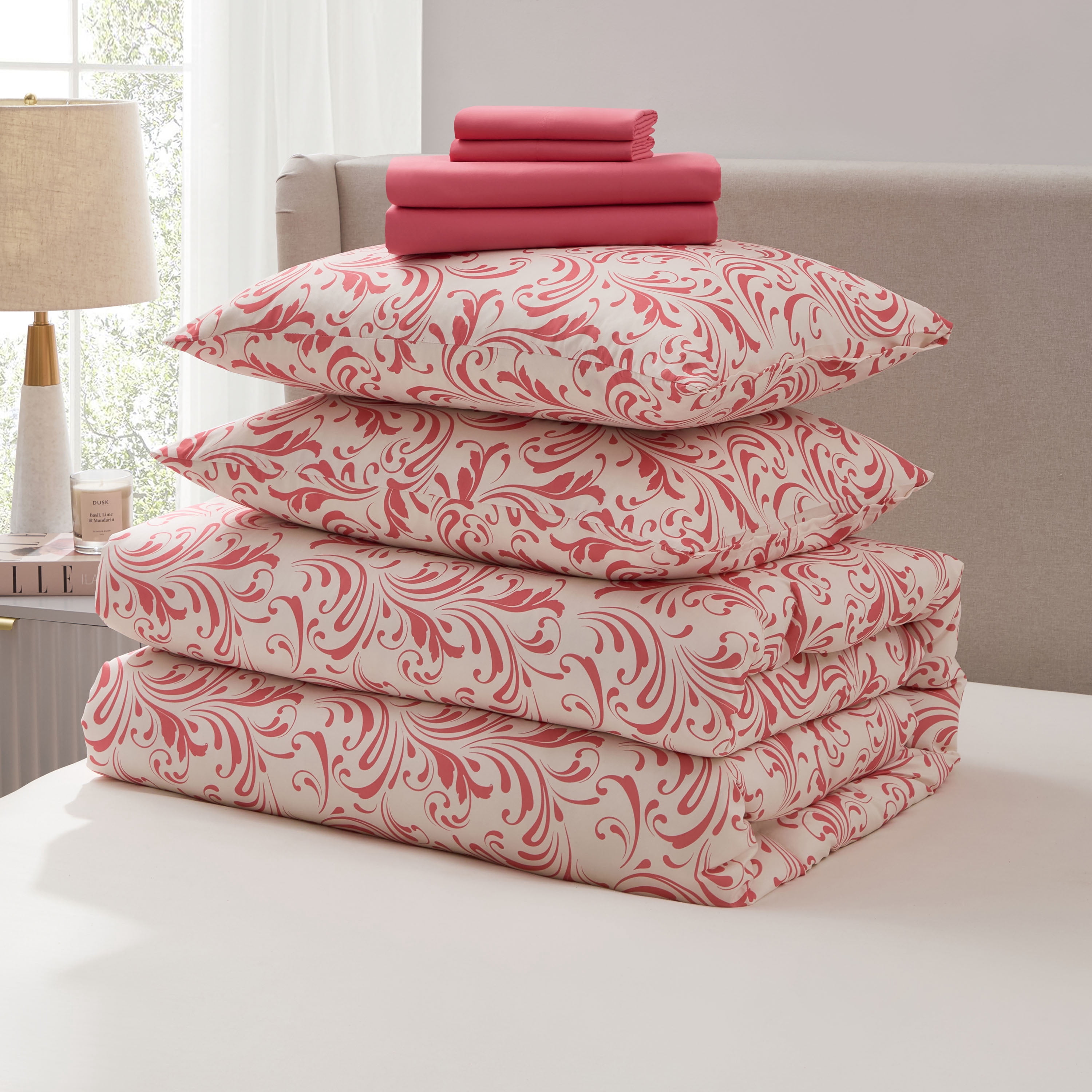 LammaLoe Full Size Comforter Set, 7 Piece Biomorphic Bed in a Bag Full, Bedding Comforter Set with Sheets, Modern Bed Set, Pink