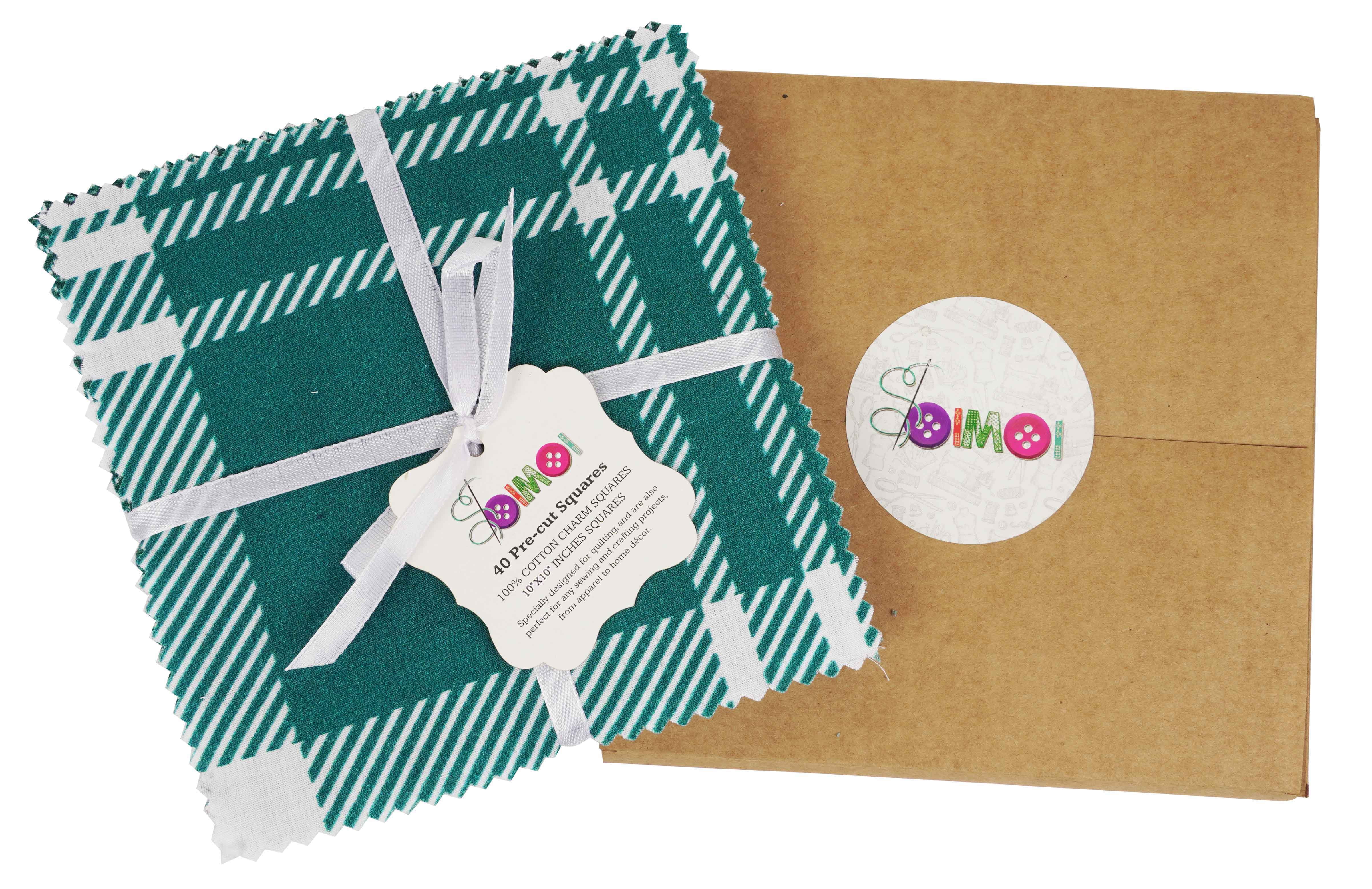 Soimoi Precut 10-inch Check & Tartan Prints Cotton Fabric Bundle Quilting Squares Charm Pack DIY Patchwork Sewing Craft- Blue & Green