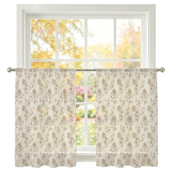 Repeating Floral Sheer Curtains 45 Inch Long 2 Panels Rustic Vintage Beige Flower Stems Linen Texture Light Filtering Rod Pocket Curtains, Sheer Voile Drapes for Living Room Bedroom 52"x45"