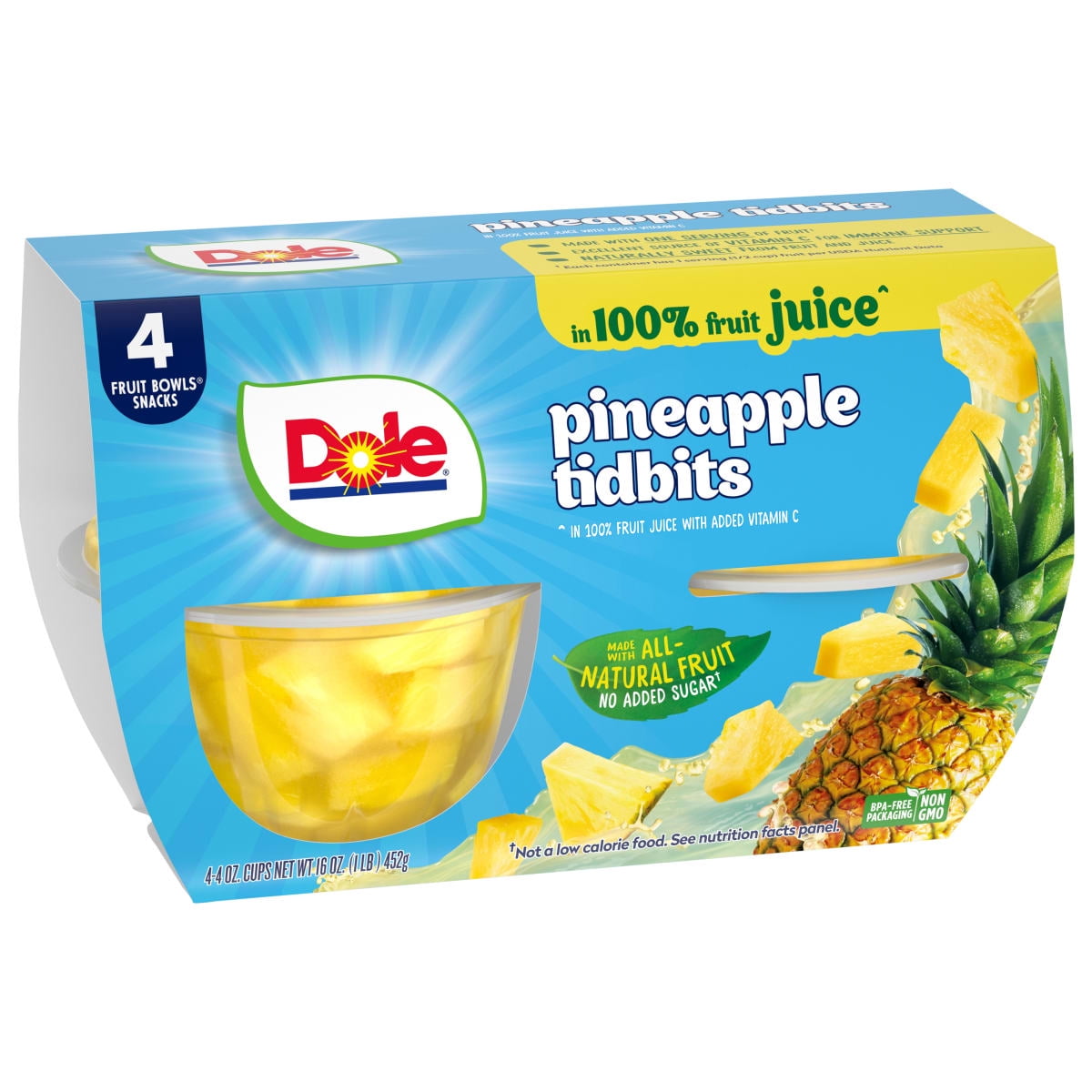 (4 pack) Dole Fruit Bowls Pineapple Tidbits in 100% Fruit Juice, 4 oz Cups (4 Pack)