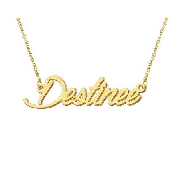 HUAN XUN 18k Gold Plated Destinee Name Necklace Stainless Steel Nameplate Necklaces for Womens Mens Mother Day Christmas Jewelry Gift