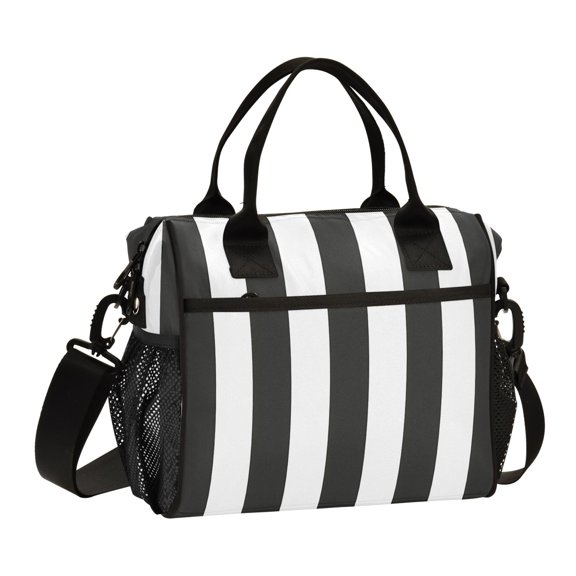 Carbon Black and White Stripes Lunch Bag Insulated Lunch Box Leakproof Reusable Cooler Tote Adjustable Shoulder Strap for Men Women 9L
