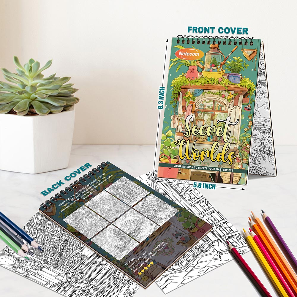 Netecom Secret Worlds Coloring Book Spiral Bound For Adults, A5 Wooden Cover, 30 Stunning Coloring Pages of Dreamlike Environments for Stress Relief and Relaxation
