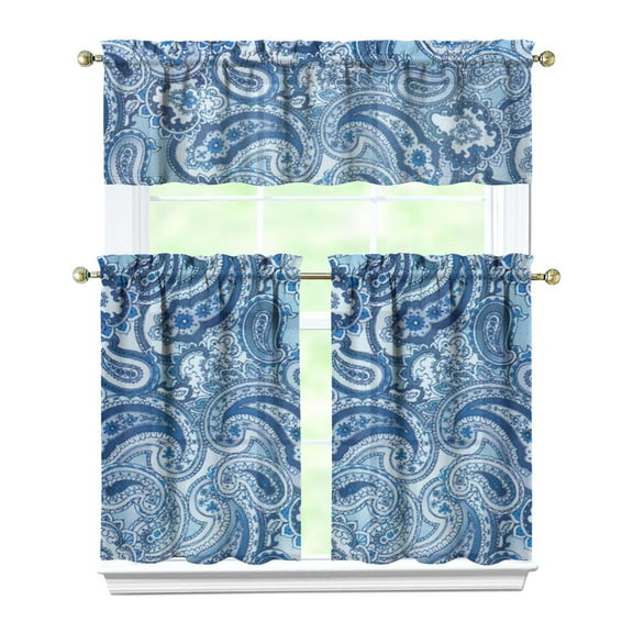 Kitchen Curtains 36 Inch Short - 3 Panel Set, Rod Pocket Window Curtain, Boho Floral Tribal Style, 100% Polyester for Farmhouse, Kitchen, Cafe, Bedroom, Easy Wash