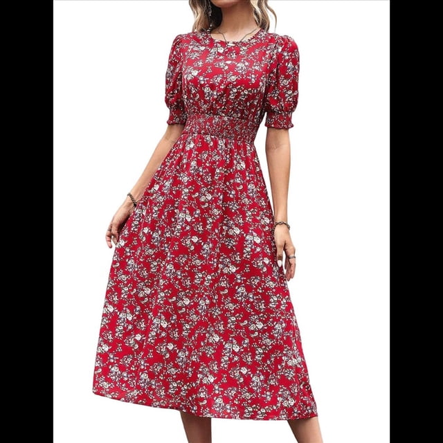 Vestidos Florales de para Mujer, Estilo Bohemio, Informal, de Verano, con Mangas Abullonadas, Estilo Occidental Rojo M