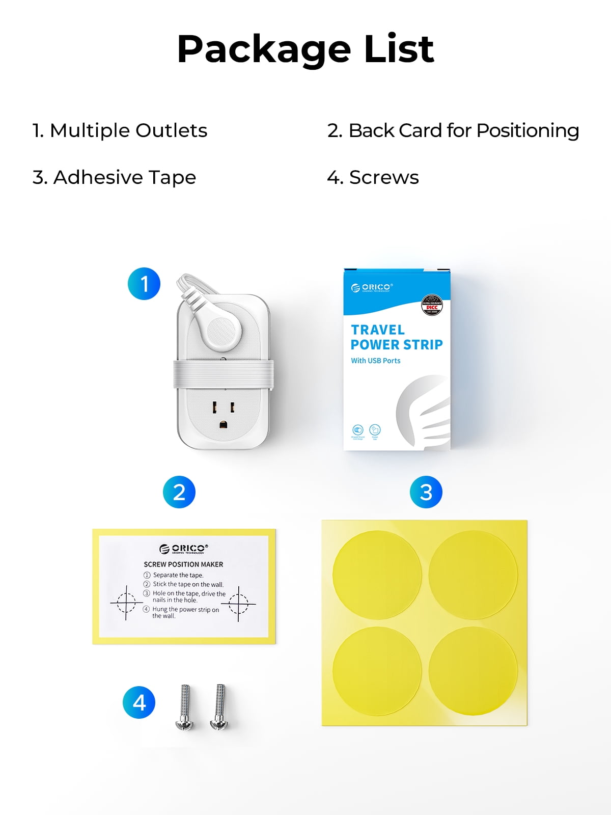 ORICO Travel Power Strip with USB Ports 4 Outlet Power Strip Flat Plug with Smart 3 USB,3.18ft Extension Cord Outlet Extender for Travel/Home /Office