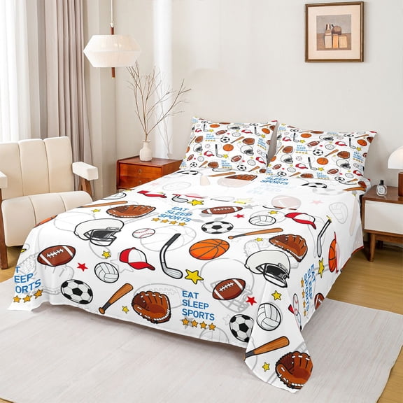 Homewish Eat Sleep Sports Twin Sheet Sets 3pcs for Kids Teens Adults,Football Baseball Basketball Soccer Twin Fitted Sheet Microfiber,Sport Theme Breathable Flat Sheet,Lightweight Room Decor