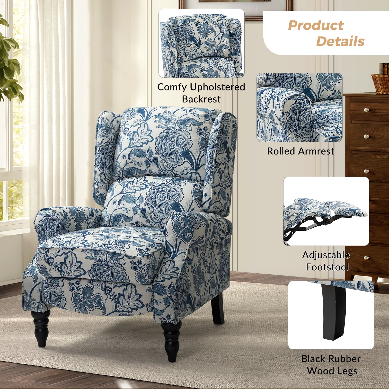 Tina's Home Vintage Floral Wingback Manual Push Back Recliner Chair for Living Room Home Theater GREENGUARD Certified Blue