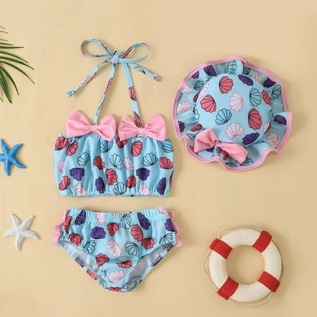 

Gubotare Toddler Summer Girls Bowknot Conch Printed Ruffles Two Piece Swimwear Swimsuit Bikini With Hat Swimsuit Foe Girls Blue 6-12 Months