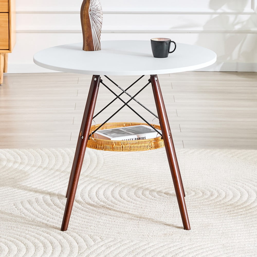 31.5" Round Dining Table, White MDF Vacuum-Formed Tabletop with Walnut Solid Wood Legs, Woven Storage Basket, Modern Kitchen Table for 2-4
