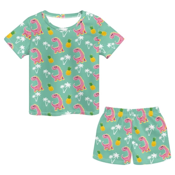 chaqlin Girls Pajamas Suit Dinosaur Pineapple Summer Outfit Floral Short Sleeve Top Elastic Waist Shorts Set with Pockets for Teen Youth Clothes Soft Tracksuit Size 3-16