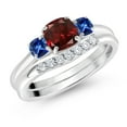 thumbnail image 2 of Gem Stone King 10K White Gold Red Garnet Blue Created Sapphire and Lab Grown Diamond 3 Stone Bridal Engagement Wedding Ring Set for Women (1.14 Cttw, 5MM and 3MM Cushion Cut, Size 7), 2 of 6