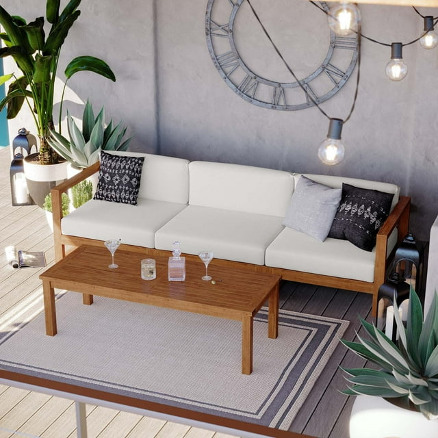 Modway Upland Ensemble de Mobilier de Patio en Bois de Teck 4 Pcs, Naturel et Blanc
