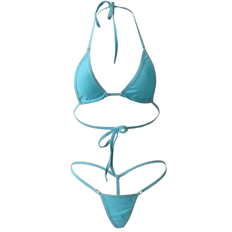 HEVIRGO 2Pcs Lady Solid Color Halter Mini Bra G-String Bikini Set