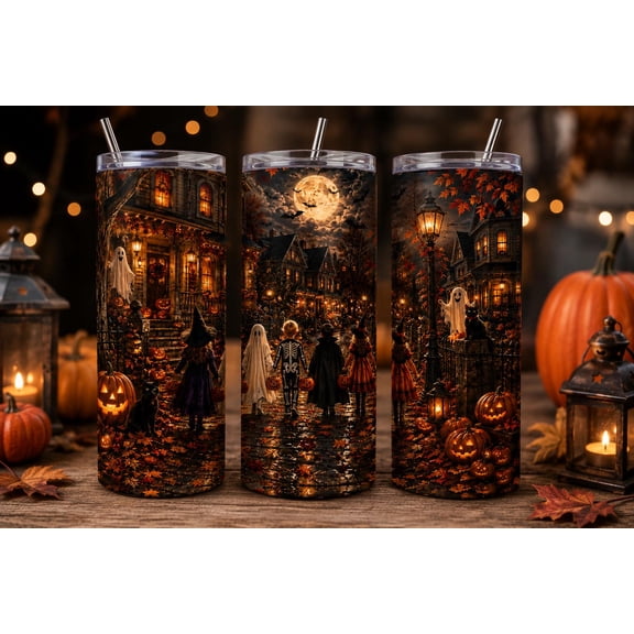 Haunted Pumpkin Gothic Castle Skinny Tumbler 20oz with Lid and Reusable Straw, Stainless Steel Insulated Travel Mug for Hot and Cold Drinks, Cup Holder Friendly Gift for Women Men, Home Work Travel