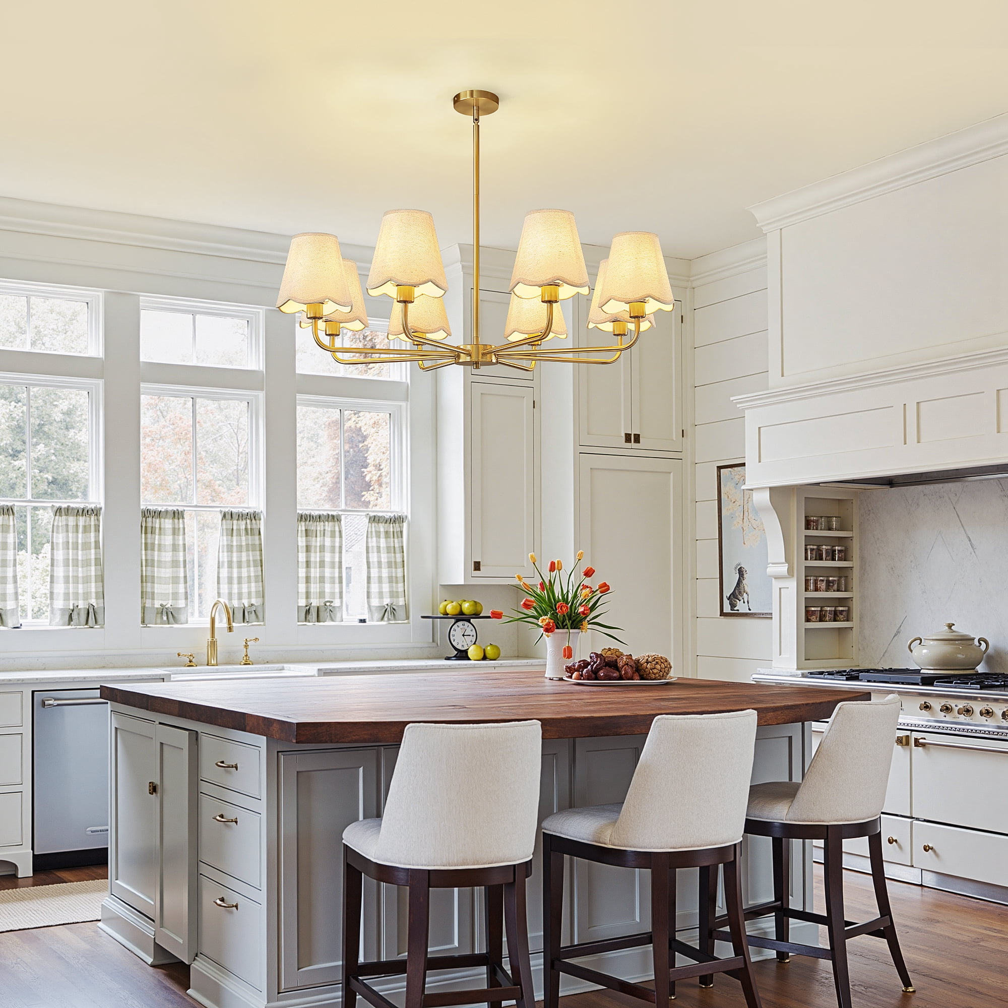 5-Light Gold Modern Farmhouse Chandelier with Wavy Fabric Shades for Dining Room