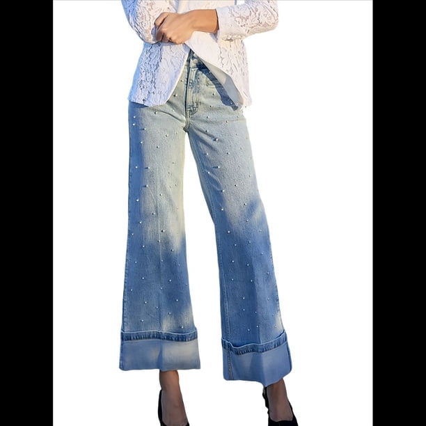 Pantalones Vaqueros de Mujer de Cintura Alta, Elásticos, con Dobladillo Enrollado y Pernera . Azul XL