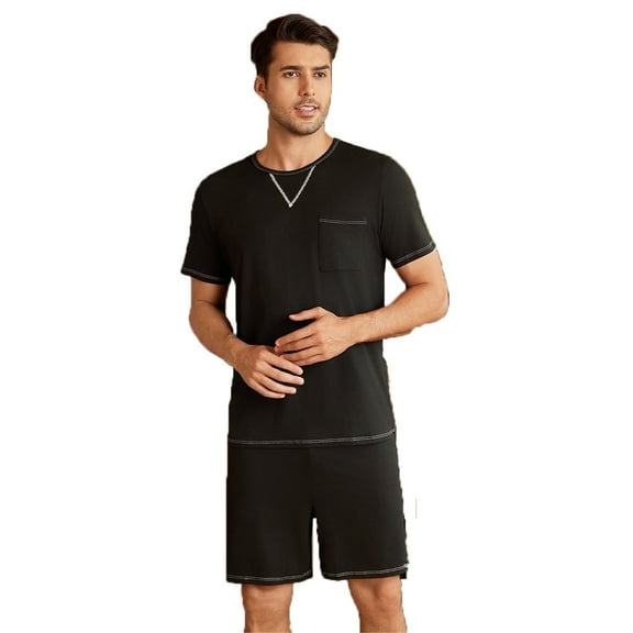 Men's Short-Sleeved Short Pants Set Casual Round-Neck Solid Color