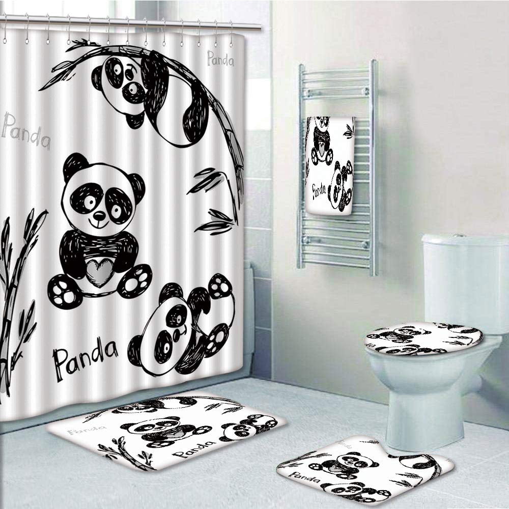 Cute Panda Color Art Shower Curtain Bath Mat Toilet Cover Rug Bathroom Decor 