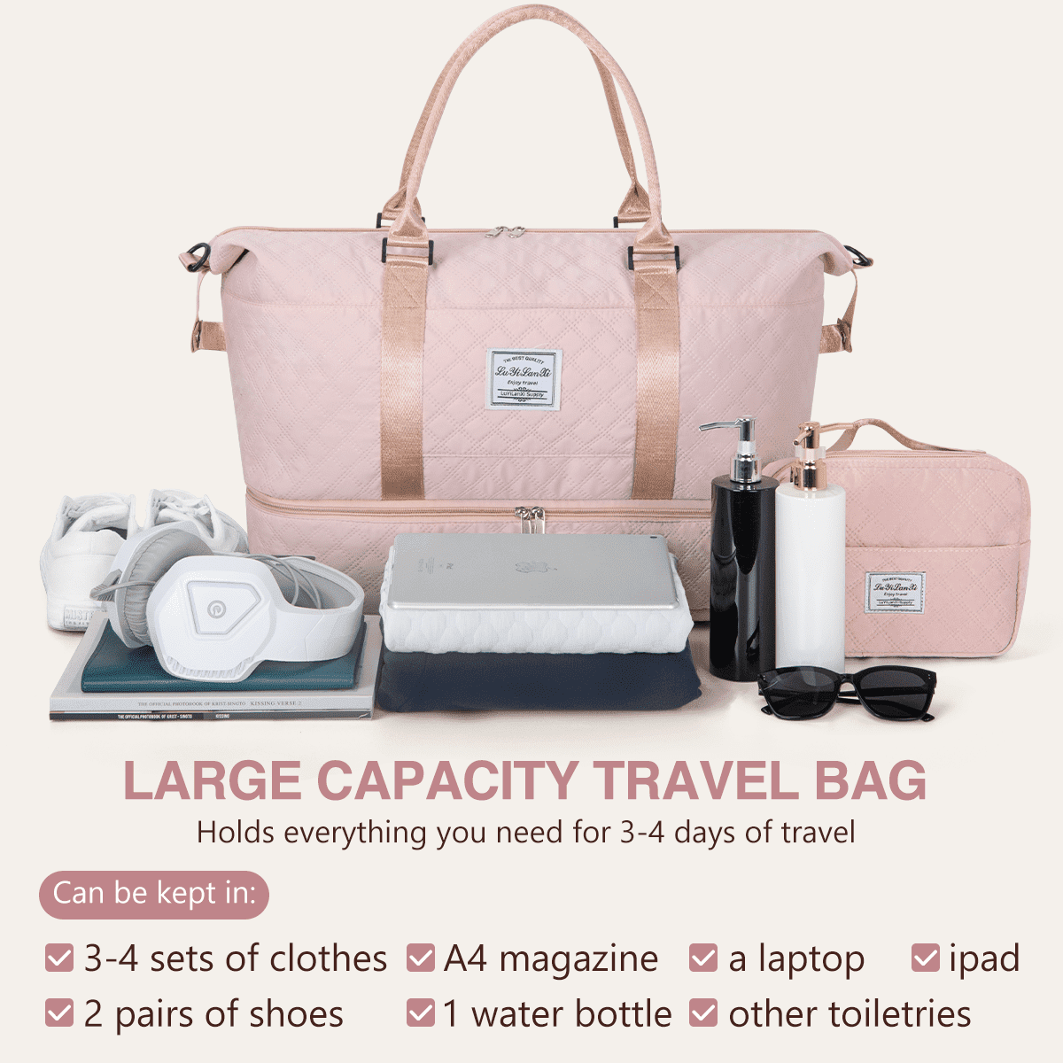 DAKOMM Weekender Overnight Bag for Women, Travel Duffel with Shoe & Wet Pockets, Includes Toiletry Bag, Ideal as Hospital or Personal Item Bag, Pink