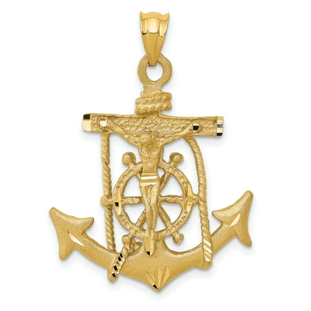 14k Gold Mariners Cross - 14k Yellow Gold Nautical Anchor Ship Wheel Mariners Cross Religious Pendant Charm Necklace Mariner
