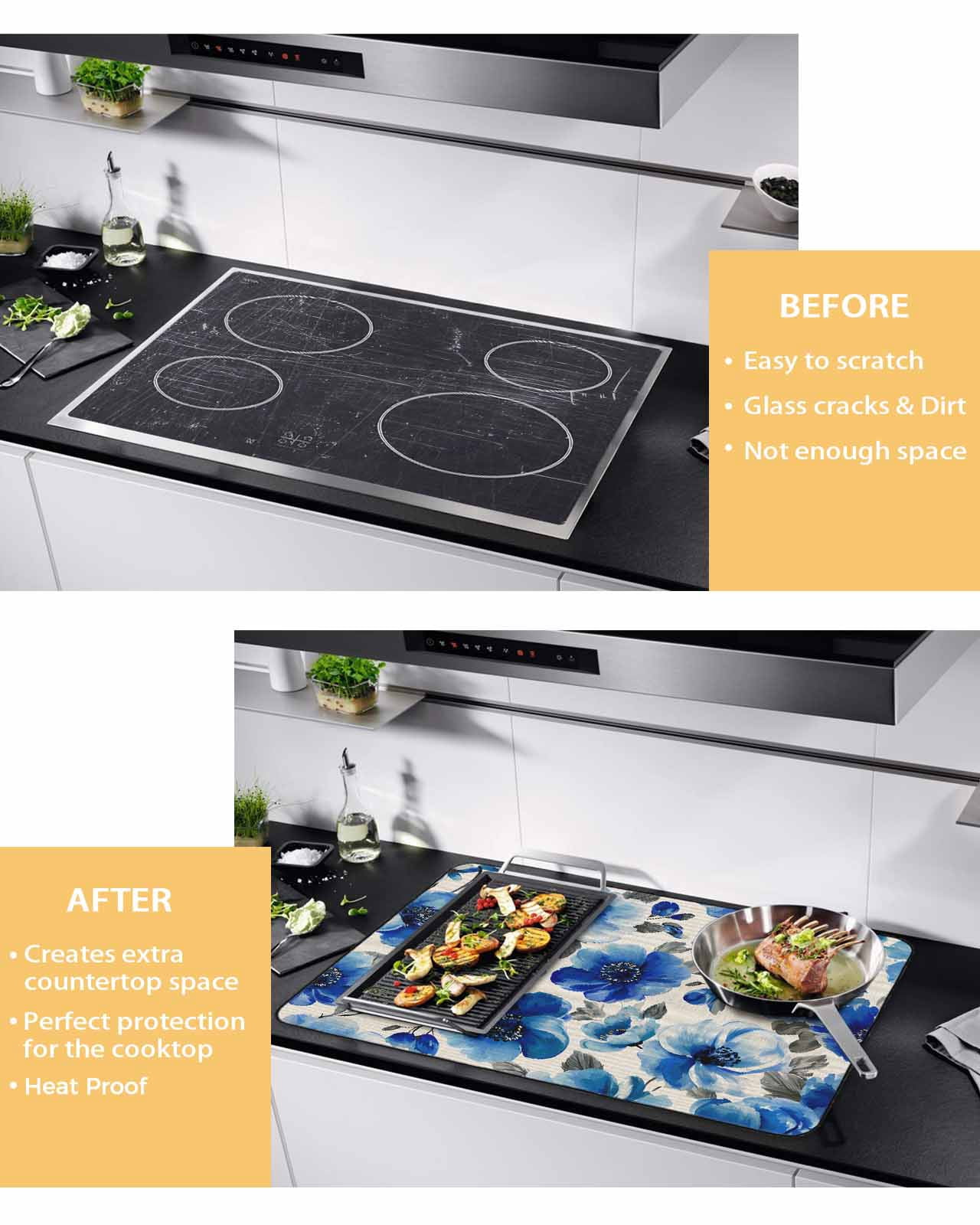 Large Induction Cooktop Protector Mat Blue Flowers Stove Top Covers for Electric Stove, Spring Watercolor Floral Leaves Plants Beige Decorative Stove Burner Cover Mats, Glass Top Stove Cover