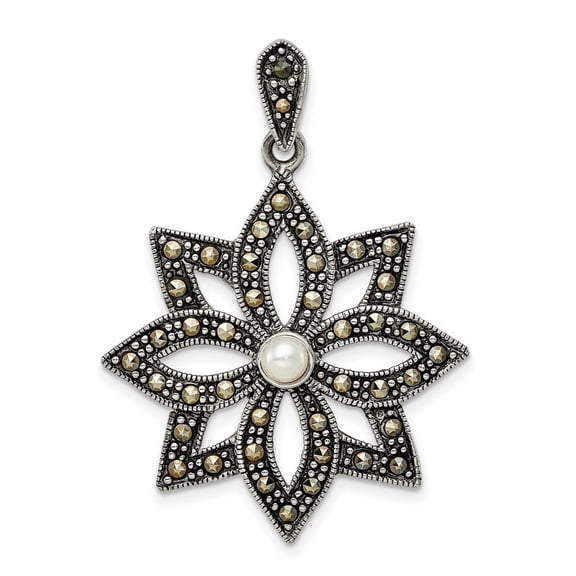 925 Sterling Silver Marcasite and Simulated Pearl Flower Pendant Necklace Measures 42.05x28.57mm Wide 1.55mm Thick Jewel