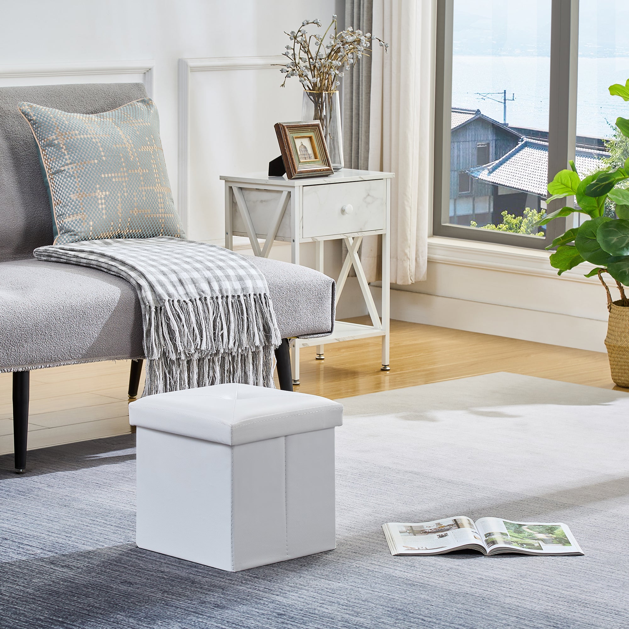 VECELO 12" Folding Storage Ottoman Bench, Faux Leather Footrest Couch