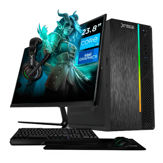 Computadora Escritorio Completa Xtreme PC Gaming Intel Core i3 12100 16GB SSD 1TB Monitor 23.8 75Hz WIFI Black gaming ligero, oficina, estudio y hogar