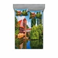 thumbnail image 1 of Landscape Bedding Set with Sheet & Covers, Scenic Summer German Traditional Medieval Half-Timbered Bridge River Town, Printed Bedroom Decor 2 Shams, 4 Sizes, Orange Blue Green, by Ambesonne, 1 of 3