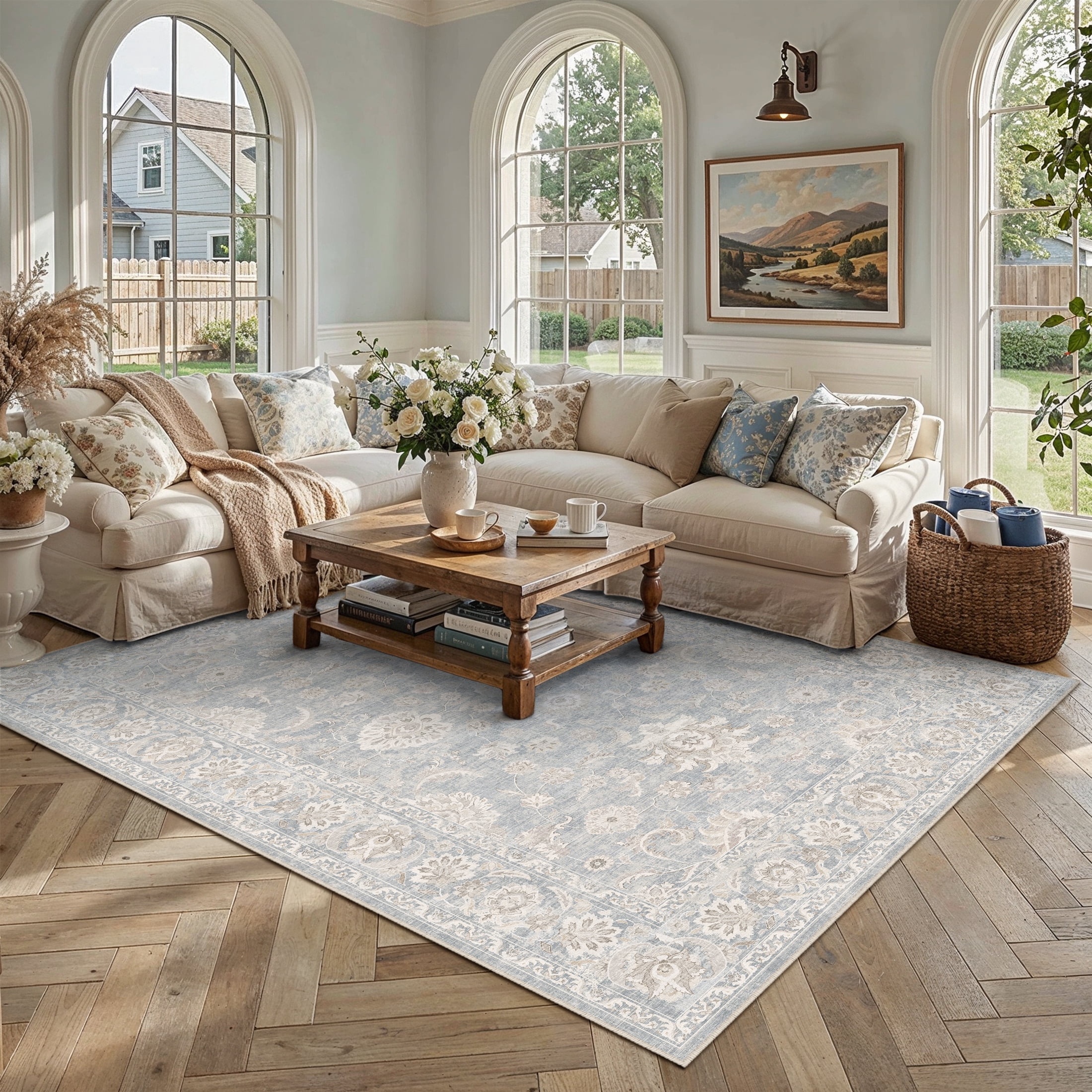 BERTHMEER 6'x9' Vintage Area Rugs for Living Room Blue Rugs for Bedroom Kitchen Non Slip Washable Carpets Office Farmhouse Dorm Dining Room Oriental Traditional Distressed Rugs