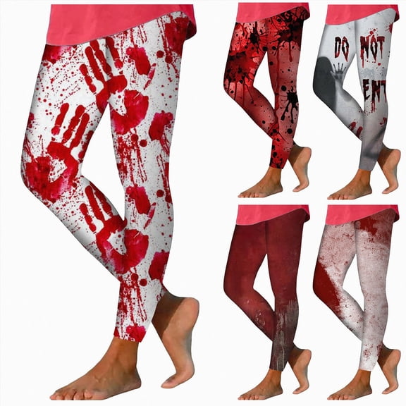 Halloween Leggings for Women Pumpkin Witch Ghost Horror Printed Tights Pants Halloween Outfit(Red,L)