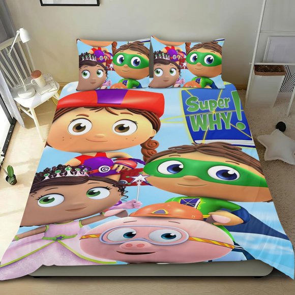 Super Why Conjunto de sábanas temático, trío de piezas, cómodo y amigable con la piel, diseño único, regalo de decoración para el hogar para familiares, amigos y fans, 90 cm * 190 cm