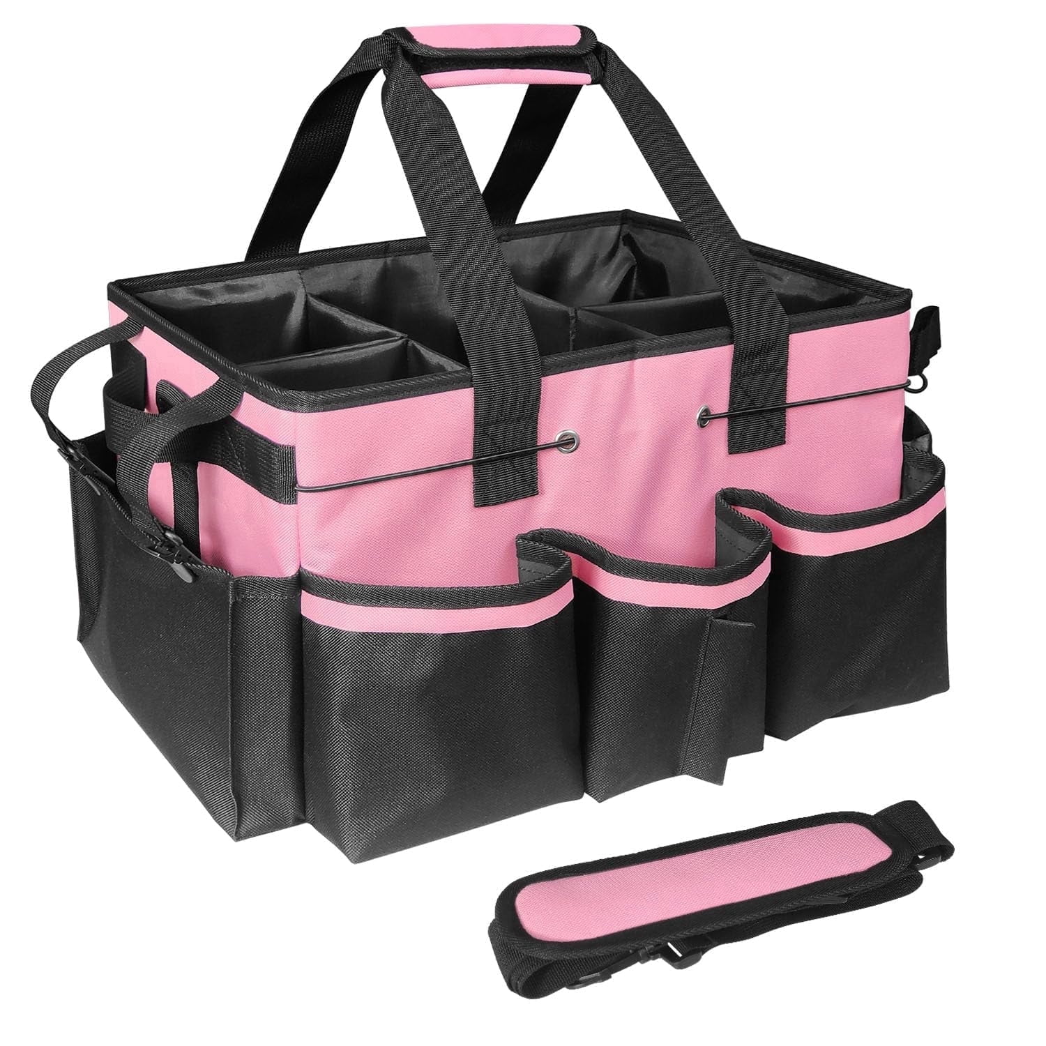 PKALQ Cleaning Bags for Housekeepers Large Cleaning Supplies Organizer with Handles & Shoulder Strap Cleaning Caddy Bag with Foldable Divider for Cleaners Car Horse Cleaning Bag(Pink)