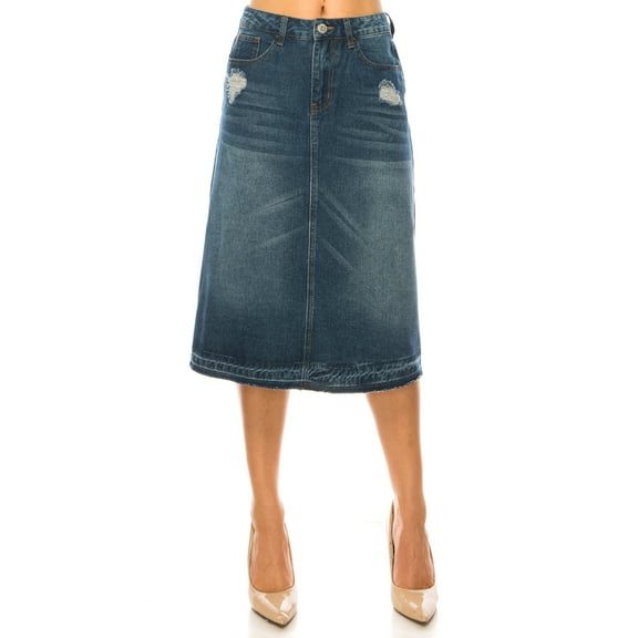 Be-Girl Women's Distressed Denim Midi Skirt, Medium Wash Blue, A-Line with Raw Hem, Knee Length - SG-79144