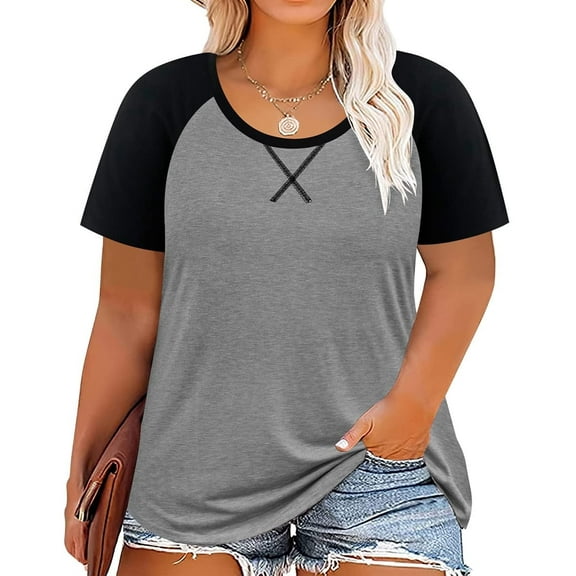 CASSIE LIZ Womens Tops Plus Size Summer Shirts Gray Crew Neck Fashion Short Sleeve Tee Loose Fit Tunics Spring Blouses Casual Pullover XL 14W 16W
