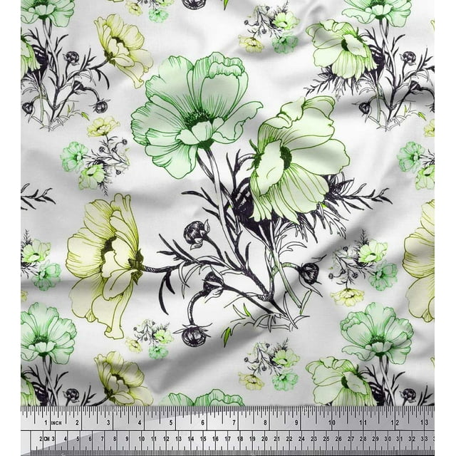 Soimoi Poly Georgette Fabric Leaves & Anemone Flower Fabric Prints by Yard 42 Inch Wide