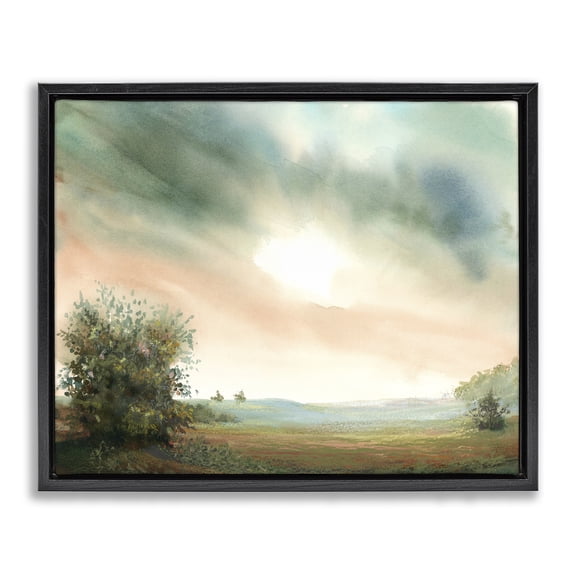 Stupell Industries Sunrise over Pastoral Field Landscape & Nature Painting Black Floater Framed Canvas Art Print Wall Art, 21 x 17
