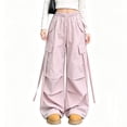 thumbnail image 2 of Bixock Cargo Pants for Girls High Waist Wide Leg Pants Kids Elastic Waist Solid Color Side Pocket Loose Breathable Fall Winter Outdoor Sport Casual Wear Size 13-14Years, 2 of 5